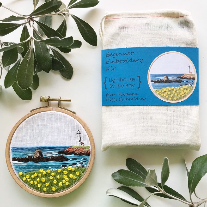 Embroidery Kit, Lighthouse by the Bay Beginner Seascape Embroidery Hoop Art, Complete Kit image 2