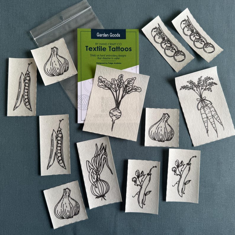 Tatuagens têxteis - Desenhos de bordado à mão com adesivo - Removíveis - Insetos - Jardinagem - Oceano - Transferências autoadesivas Garden Goods