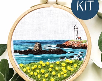 Embroidery Kit, Lighthouse by the Bay Beginner Seascape Embroidery Hoop Art, Complete Kit