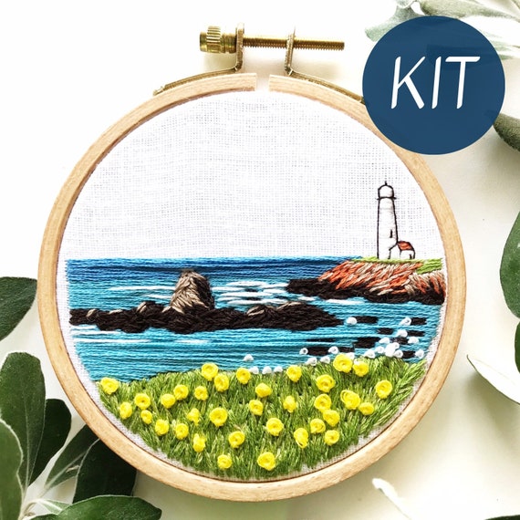 Wood Stitched String Art Kit with Lighthouse in hoop, - adult or