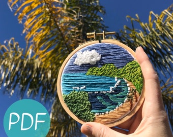 Hand Embroidery Pattern, Hanauma Bay, Hawaii Seascape Embroidery PDF