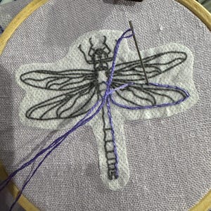 Pode incluir: Um bastidor de bordado com tecido lavanda apresentando um desenho de lib&eacute;lula. A lib&eacute;lula &eacute; delineada em preto, com fio roxo usado para costurar o desenho. Uma agulha &eacute; inserida no tecido e uma presilha de madeira &eacute; presa ao bastidor.
