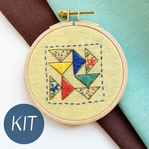 Embroidery Kit for Beginners, Flying Geese Quilt Block Modern Sampler, Triangle Tango, Complete Kit image 1
