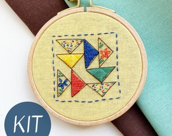 Embroidery Kit for Beginners, Flying Geese Quilt Block Modern Sampler, Triangle Tango, Complete Kit