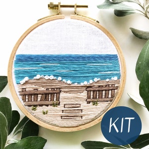 Embroidery Kit, A Day at the Beach Intermediate Seascape Embroidery Hoop Art, Complete Kit