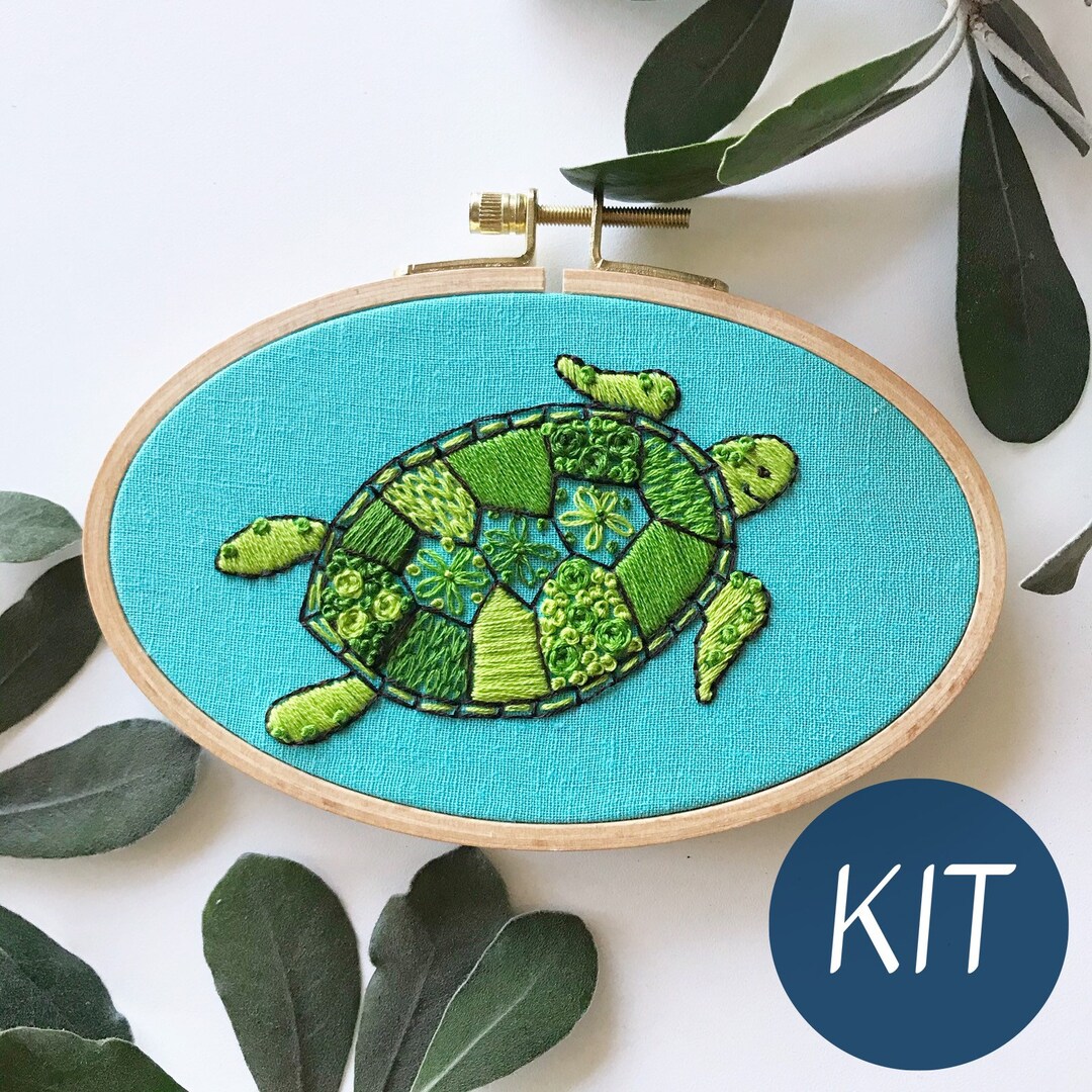 Hand Embroidery Kit Green Sea Turtle Embroidery Hoop Art Etsy