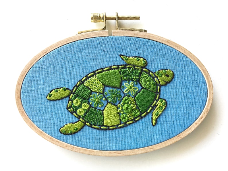 Hand Embroidery Kit Green Sea Turtle Embroidery Hoop Art Etsy