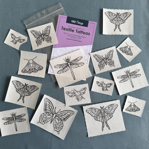 Textile Tattoos - Stick and Stitch Hand Embroidery Designs - Wash Away - Insects - Gardening - Ocean - peel and stick transfers