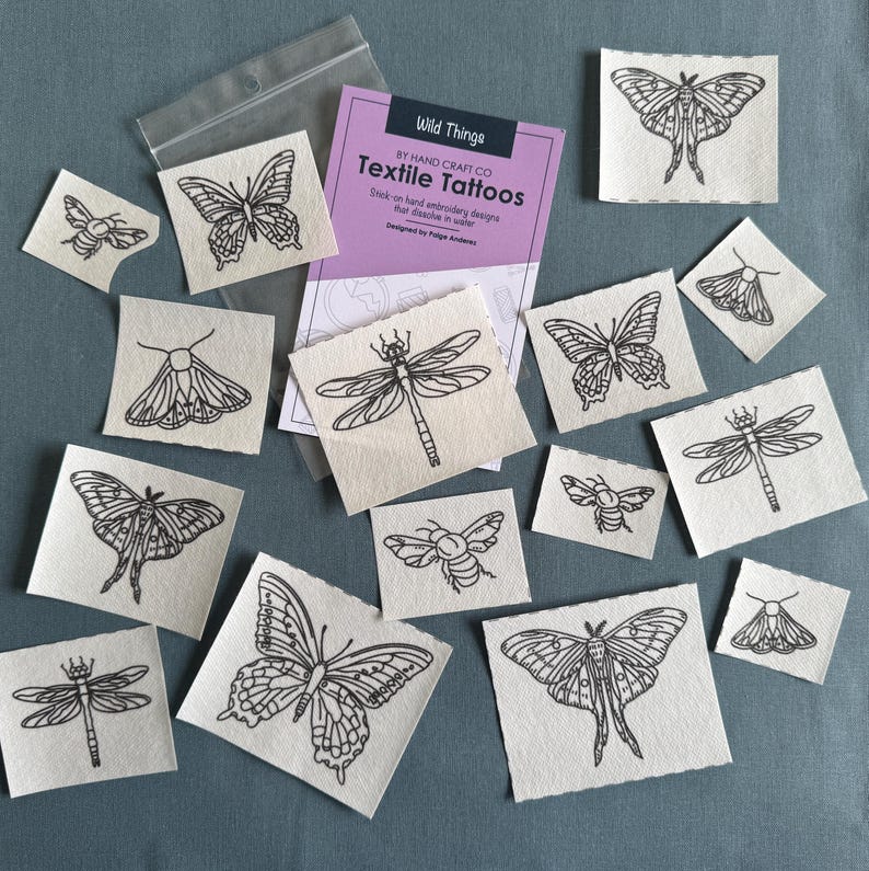 Tatuagens têxteis - Desenhos de bordado à mão com adesivo - Removíveis - Insetos - Jardinagem - Oceano - Transferências autoadesivas Wild Things