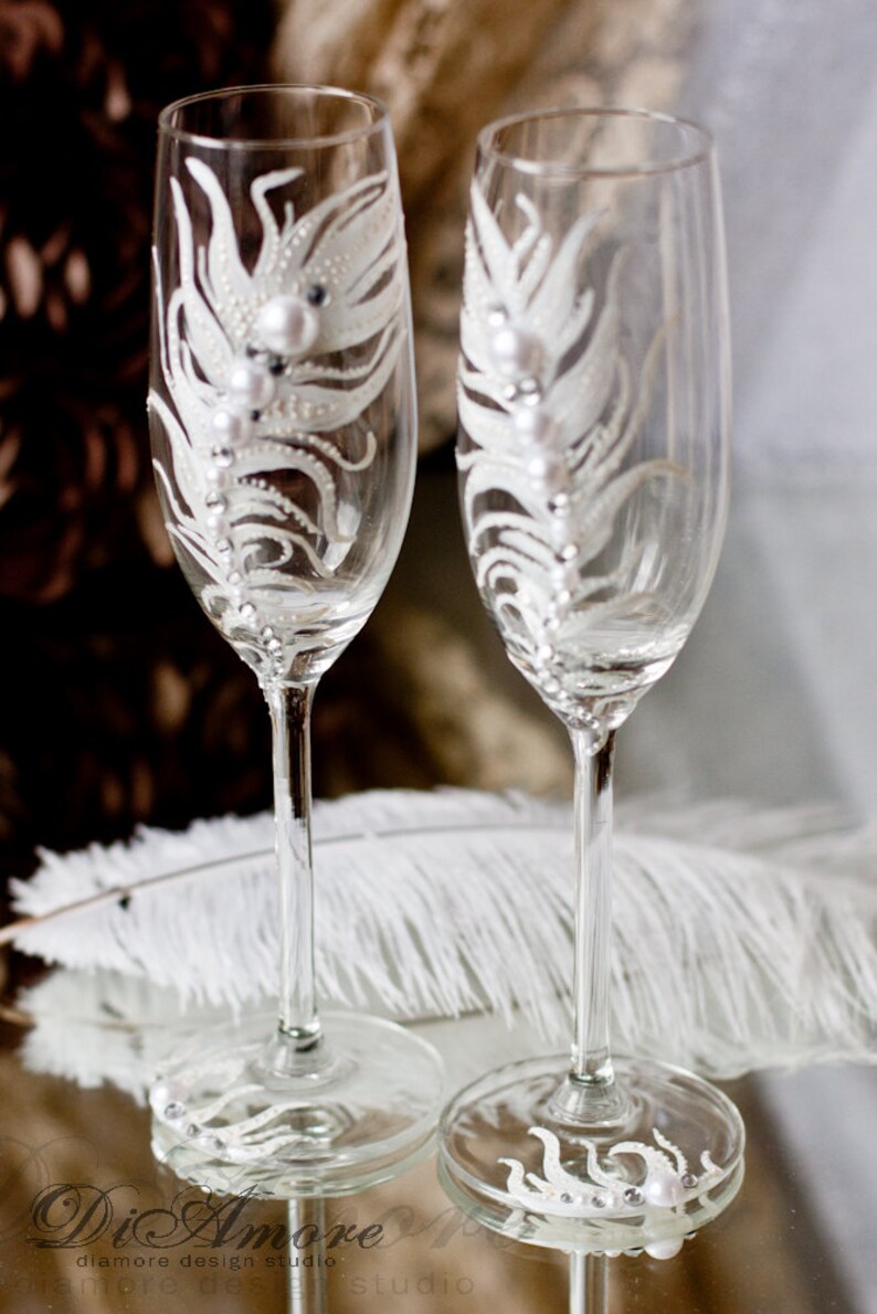Boho Personalized Wedding Glasses Feather Champagne Glasses Etsy