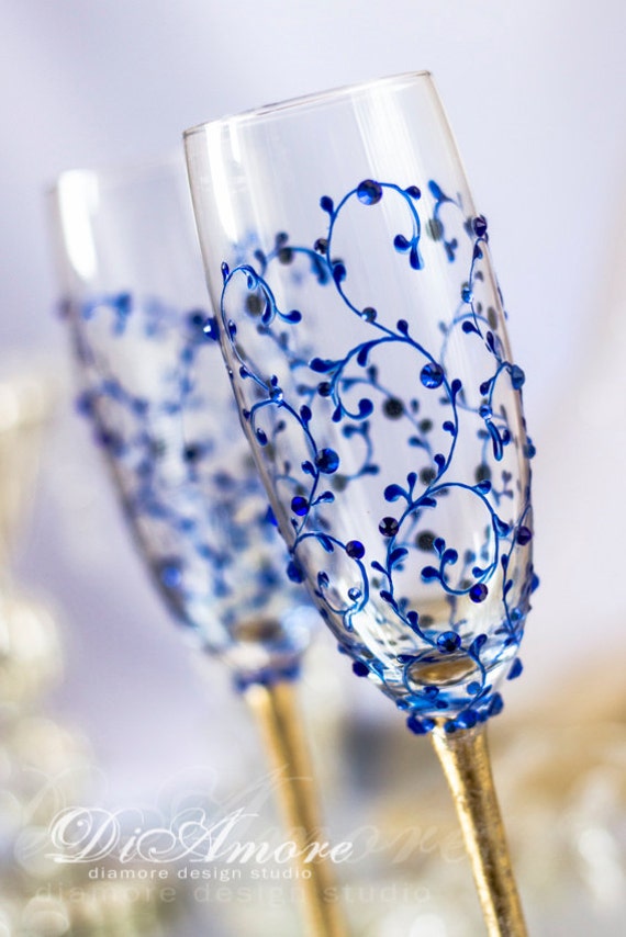 Royal Blue Wedding Glasses For Bride And Groom Blue Gold Etsy