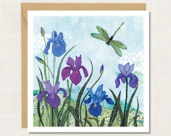 Dragonfly Irises Floral Greetings Card, Blank inside