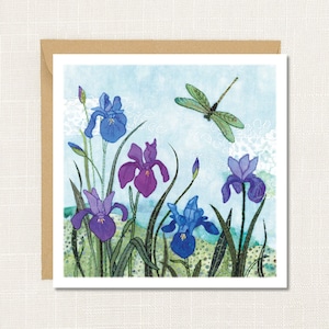 Dragonfly Irises Floral Greetings Card, Blank inside