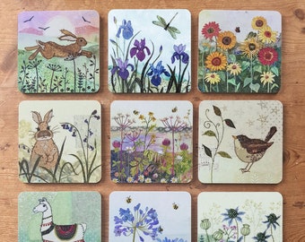 Set of 4 Coasters, Decorative Wooden Coasters with Flowers and Animals