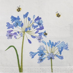Fabric Panel - Floral Print - Agapanthus and Bees - Organic Cotton Panama