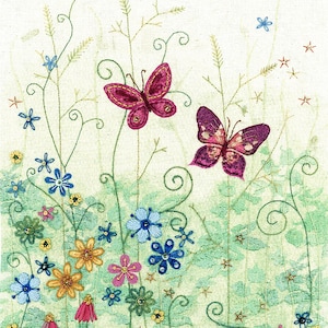 May include: Embroidered artwork featuring two purple butterflies with white spots, surrounded by green vines and colourful flowers. The background is a light green canvas.