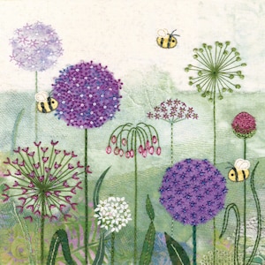 May include: An embroidered artwork depicting purple allium flowers and green stems on a green and white backdrop. The scene includes several yellow and black bees. The piece evokes a sense of a whimsical garden, with detailed stitching.