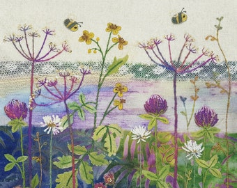 Floral Printed Fabric Panel 45x45cm- 'Clover Meadow' - Organic Cotton Panama