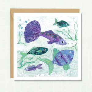 Carte de voeux poisson, impression d'art textile, intérieur vierge