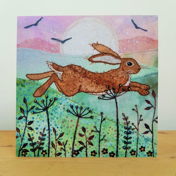 Hand screen printed greeting card leaping hare rabbit