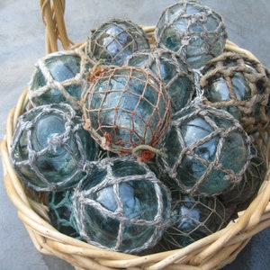 Group of 8 Netted Japanese Glass Fishing Floats, 2.5"-3.5" Glass Float,  Antique Float