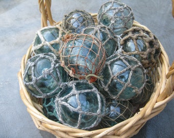 Group of 8 Netted Japanese Glass Fishing Floats, 2.5"-3.5" Glass Float,  Antique Float