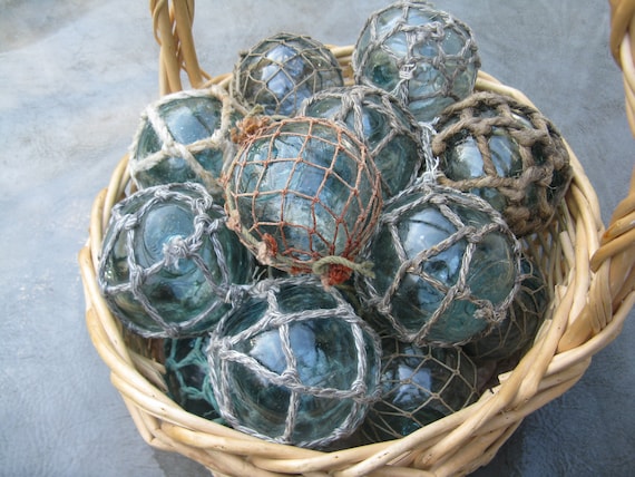 Group of 8 Netted Japanese Glass Fishing Floats, 2.53.5 Glass