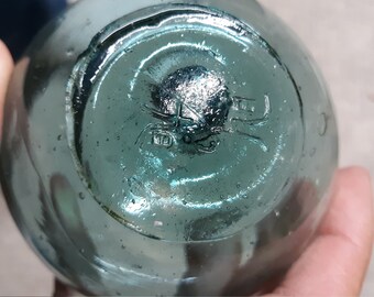 3&quot; WP#171 Blue Green Glass Fishing Float Marked,, Collectable, Antique, Beach Decor, Beach Cottage Decor, Sea Glass, Home and Garden