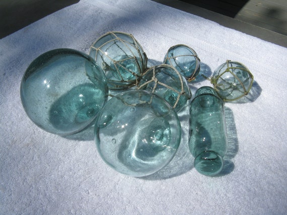 3 Vintage Japanese GLASS FISHING FLOATS Net, Rolling Pin & Clear W/bubbles  (#46)