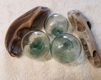 Group of 3 Tiny Authentic Japanese Glass Fishing Floats,  2.25&quot; Glass Float, Rolling Pin Float