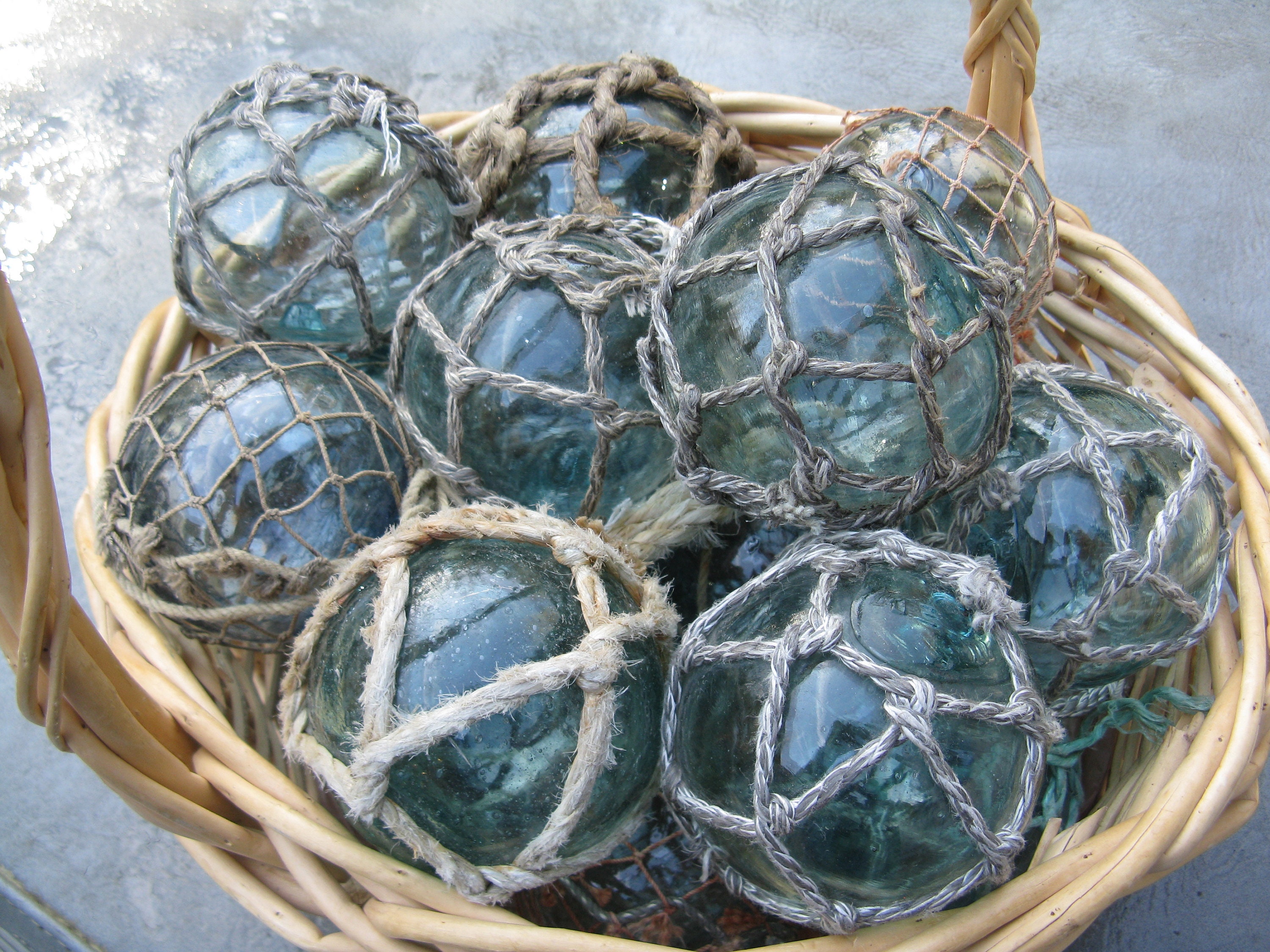 Group of 8 Netted Japanese Glass Fishing Floats, 2.53.5 Glass Float,  Antique Float 
