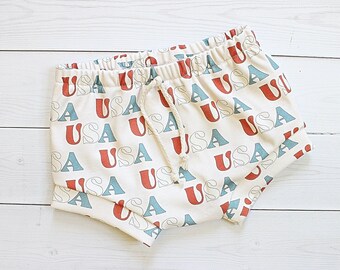 Last pair size 6 months/Organic Baby Shorts in USA Print, Baby Girl Shorties, Baby Boy Shorties, , 4th of July, USA,