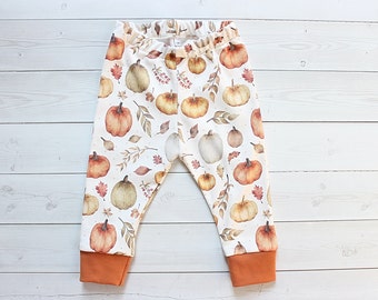 Last one size 6 months//Organic Baby Pants in Pumpkin and Leaves, Organic Halloween Leggings, Pumpkin Pants, Baby Shower Gift,