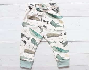Organic Baby Pants in Whale Song, Organic Whale Leggings, Narwhal Pants, Baby Shower Gift, Baby Boy Pants, Gender Neutral, New Baby Gift