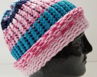 pink striped LOAF Hand knitted hat blue medium cyclist beanie
