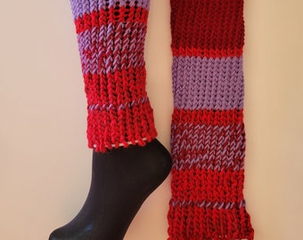 Hand knitted leg warmers, yoga, striped, red, purple, LOAF