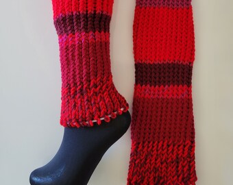 Hand knitted, leg warmers, roller derby, striped, red, purple, LOAF