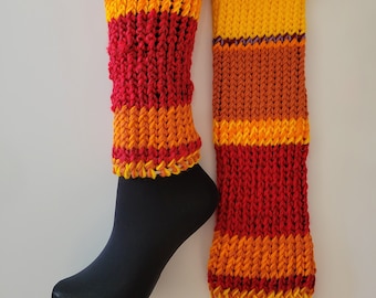 Hand knitted leg warmers, ice skating, striped, yellow, red, purple, orange, LOAF