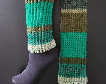 Hand knitted leg warmers, ice skating, striped, green, LOAF