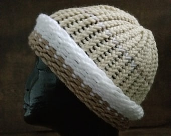 Hand knitted hat, beach, surfer beanie, medium, striped, white, tan, LOAF