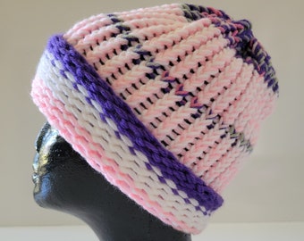 Hand knitted hat, snowboarding beanie, medium, striped, pink, purple, green, white, LOAF