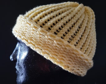 Hand knitted hat, pale yellow, hanky code beanie, medium, LOAF