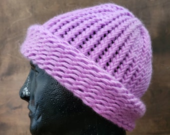 Hand knitted hat, hanky code beanie, large, mauve, LOAF