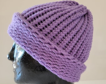 Hand knitted hat, lavender, hanky code beanie, large, LOAF