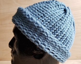 pink striped LOAF Hand knitted hat blue medium cyclist beanie