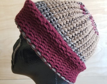 pink striped LOAF Hand knitted hat blue medium cyclist beanie