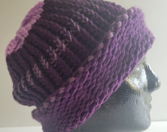 Hand knitted hat, beach, surfer beanie, large, striped, pink, purple, LOAF