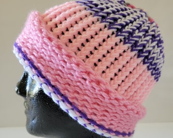 Hand knitted hat, snowboarding beanie, large, striped, pink, green, purple, white, LOAF