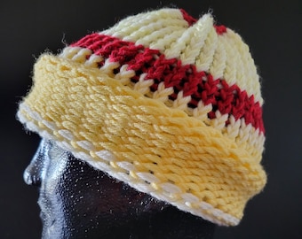 Hand knitted hat, ski beanie, large, striped, red, yellow, LOAF