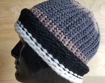 pink striped LOAF Hand knitted hat blue medium cyclist beanie
